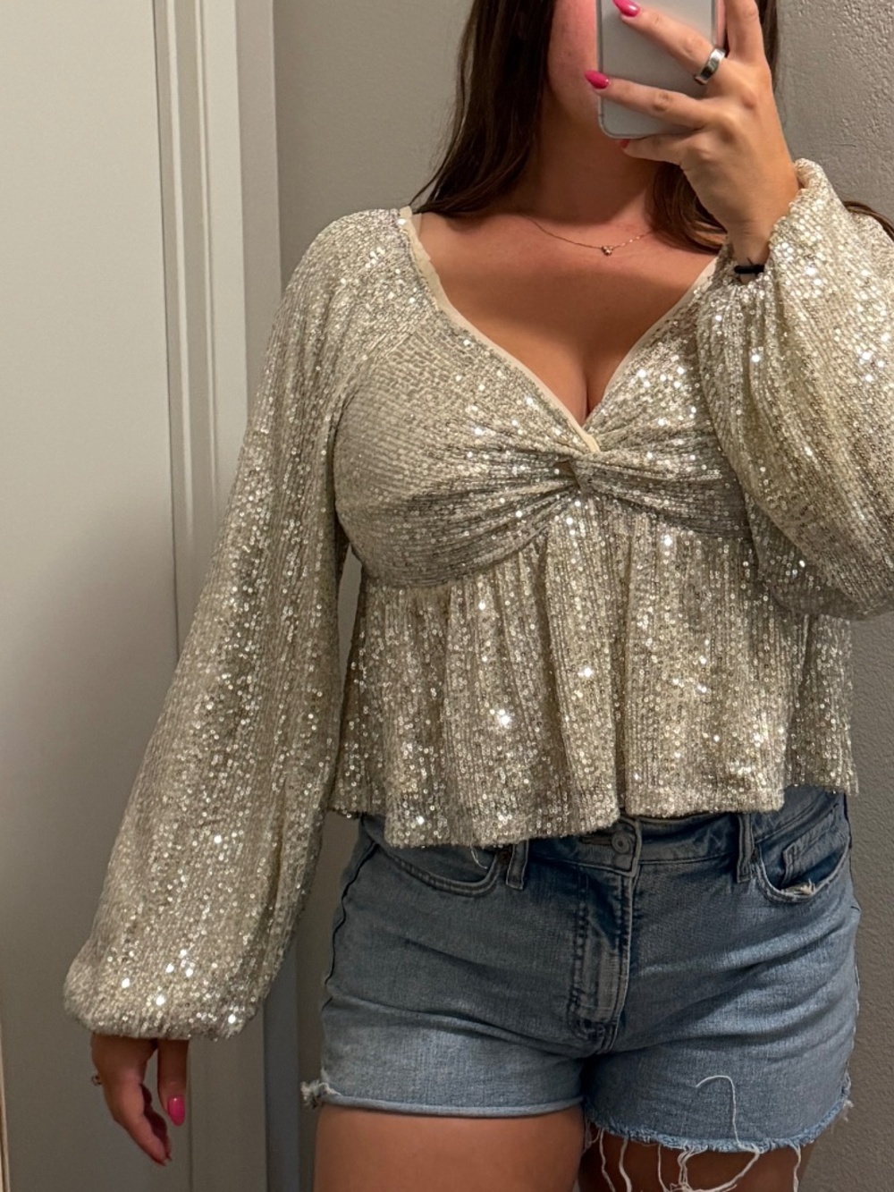 Sequin Knot Front Long Sleeve or Mid Sleeve Crop Top